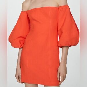 Mango Bright Orange Dress with Puff Sleeves